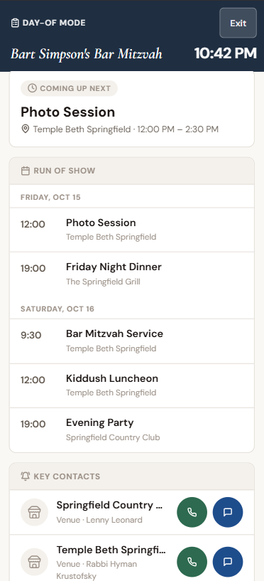 SimchaKit Day-of Mode showing run of show timeline, next event, and key vendor contacts