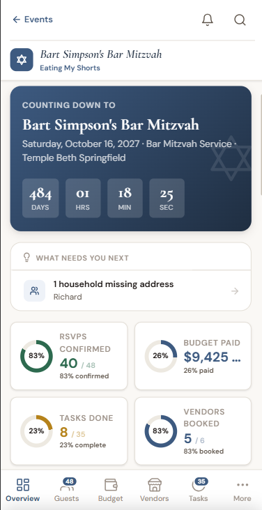 SimchaKit mobile overview with completion rings, focus panel, and bottom tab navigation
