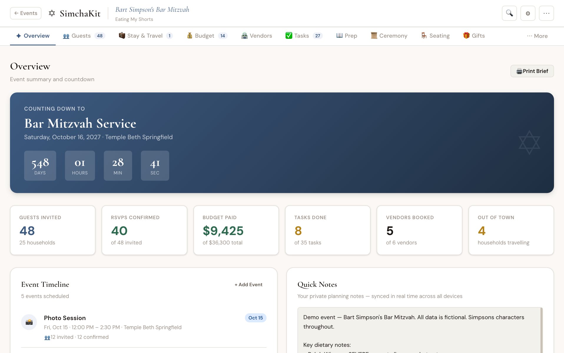 SimchaKit dashboard showing event overview with countdown, guest stats, budget tracking, and timeline