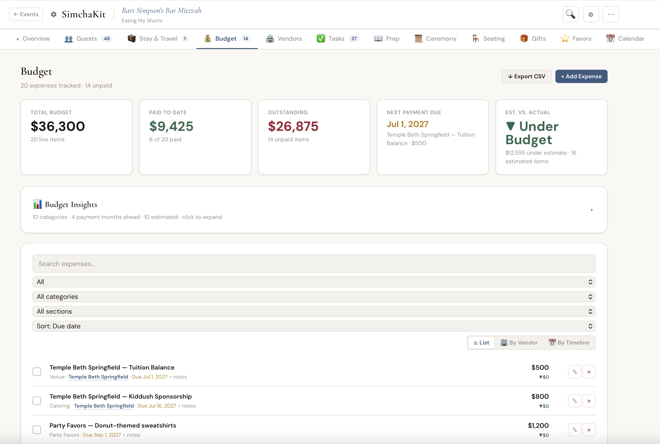 SimchaKit budget tracking app showing vendor expenses, deposits, and payment status