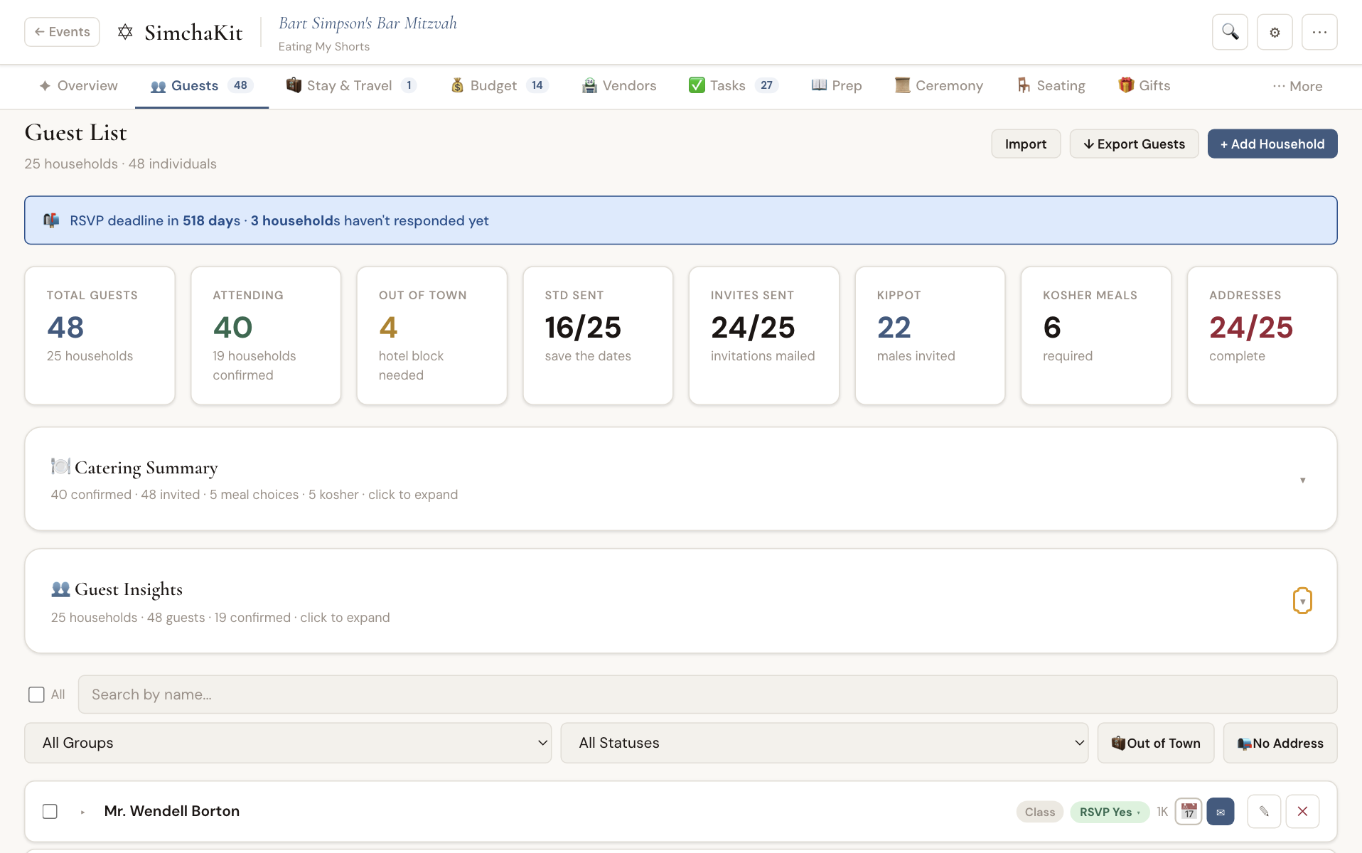SimchaKit guest list app showing household RSVPs, dietary needs, and sub-event attendance