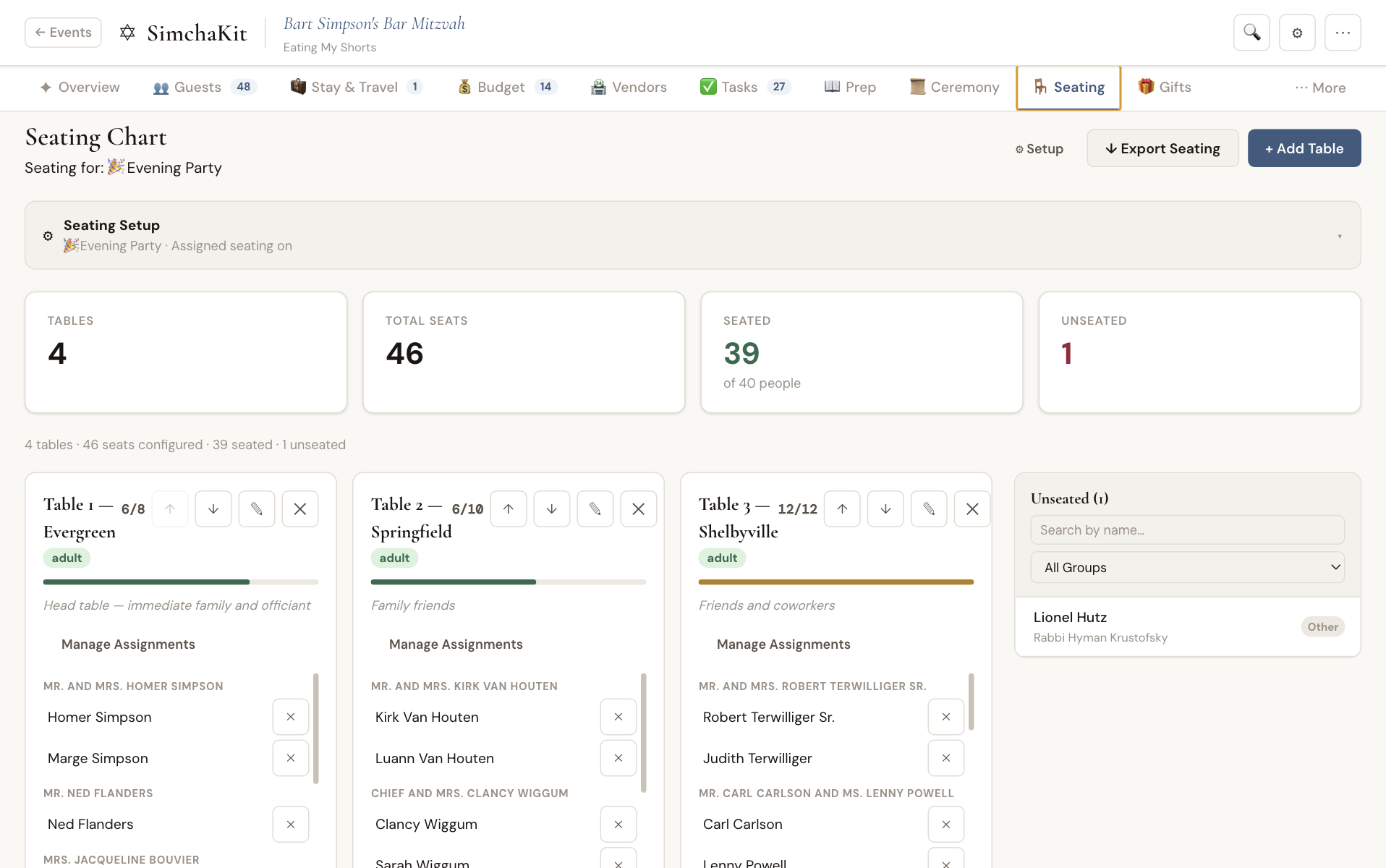 SimchaKit seating chart tool with table assignments and auto-seat feature